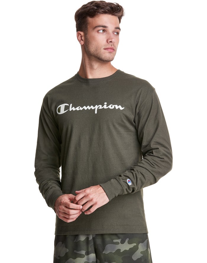 Champion Classic Long-Sleeve Script Logo Erkek Tişört Zeytin Yeşili ( TEVBZH258 )